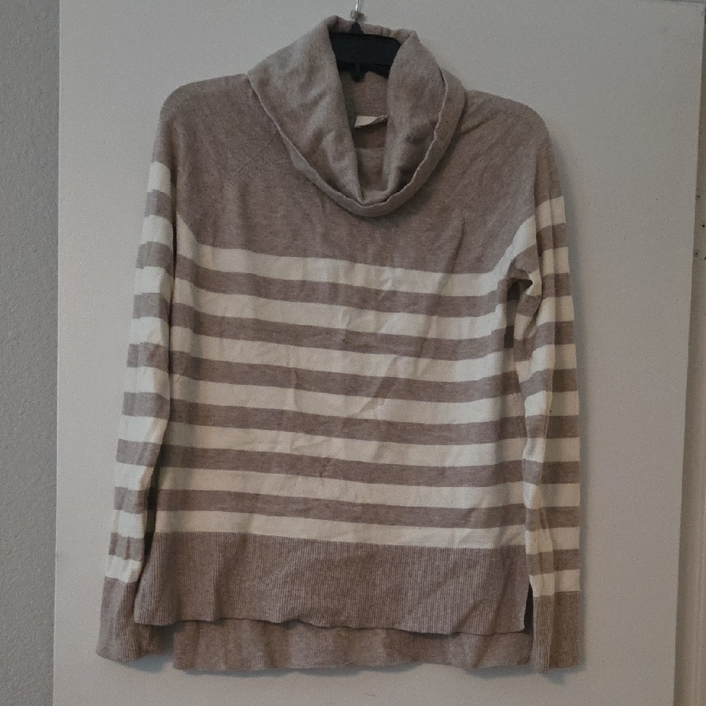 Cyrus Beige and White Striped Cowl Neck Sweater
